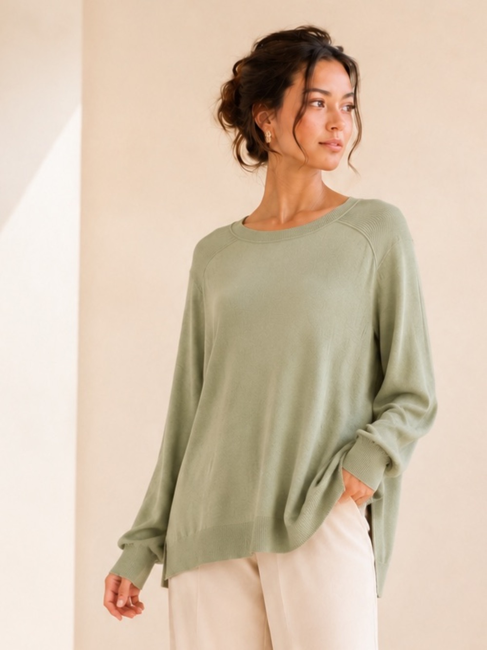 Marc Cain Cotton Silk Sage Green Ribbed Shoulder Sweater Sz N5 US 10 Oversized